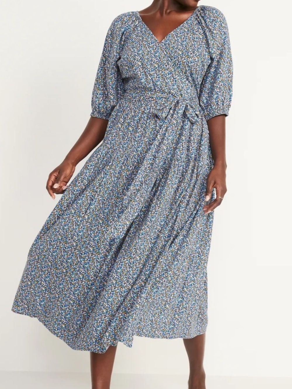 Old Navy waist defined blue floral midi wrap dress large puff smocked yellow